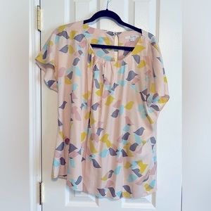 Boden Pink Bird-Print Short Sleeve Blouse